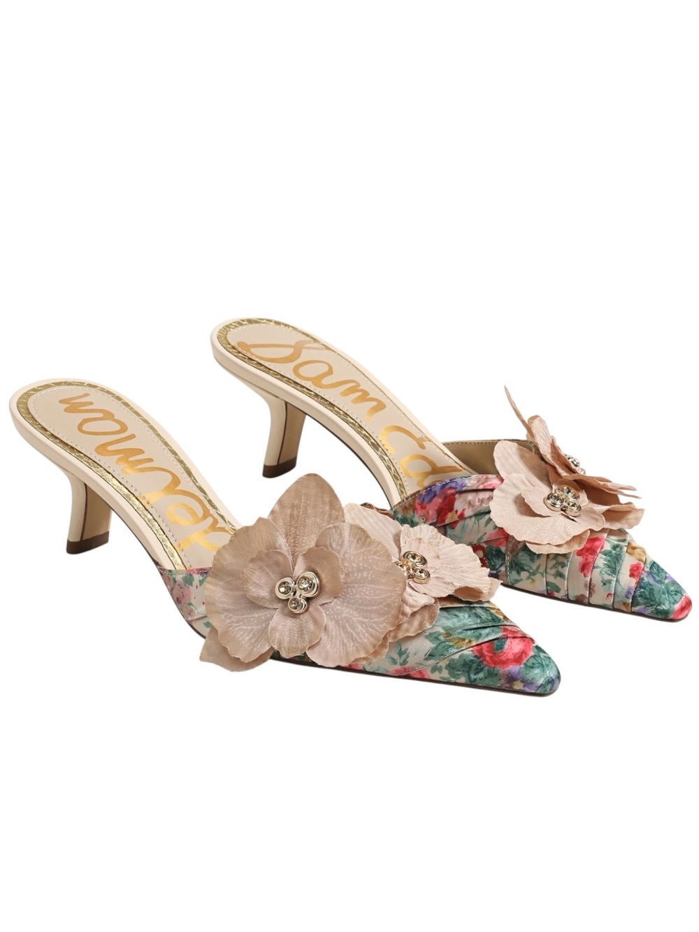 🆕{Sam Edelman} Bella Flower Accent Floral Pointed-Toe Bella Kitten Heel Mules